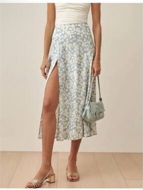 Reformation Zoe Light Blue Floral Side-Slit Midi Skirt